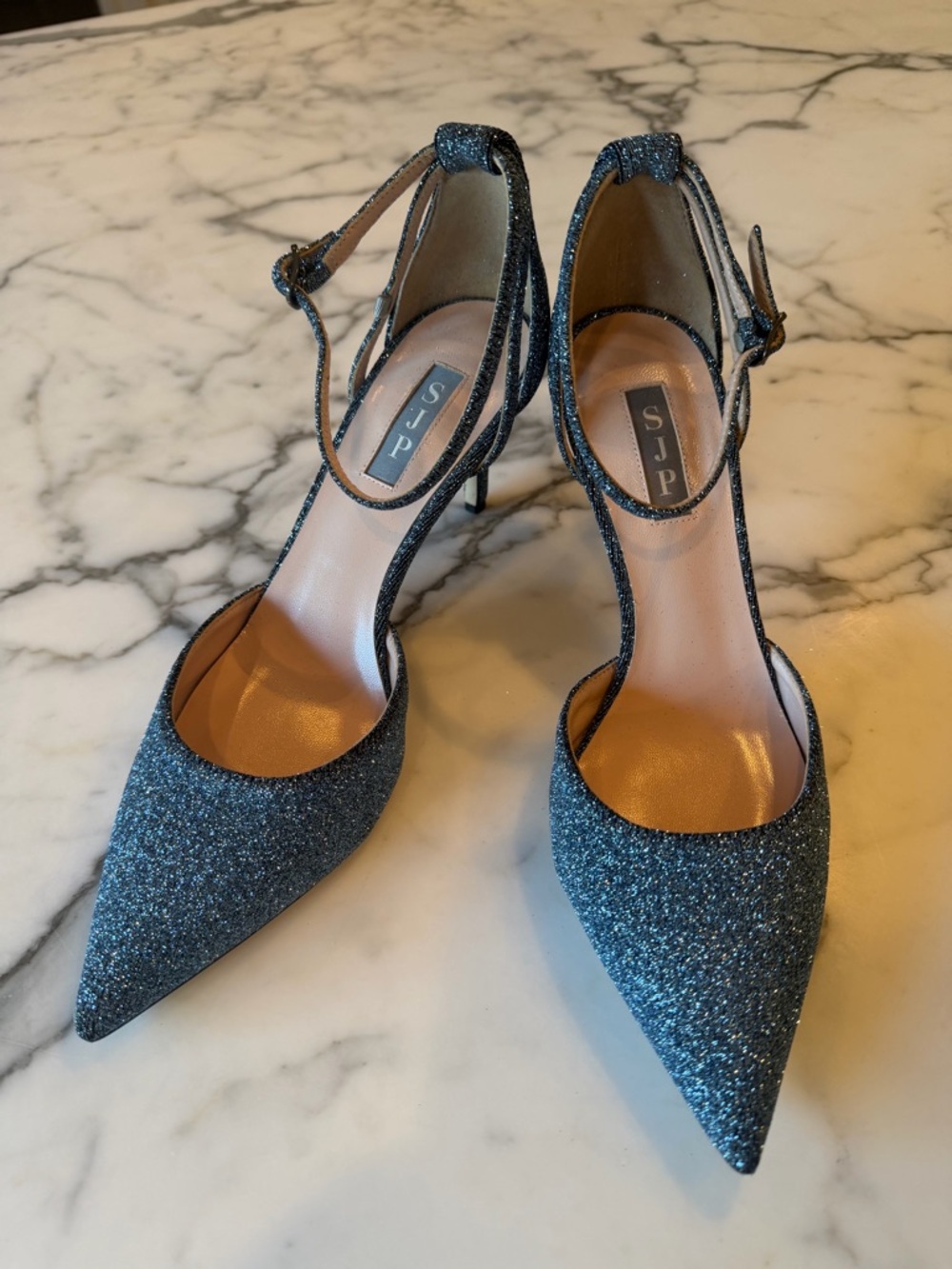 SJP by Sarah Jessica Parker Quest Lame Jersey Blue Ankle Strap
